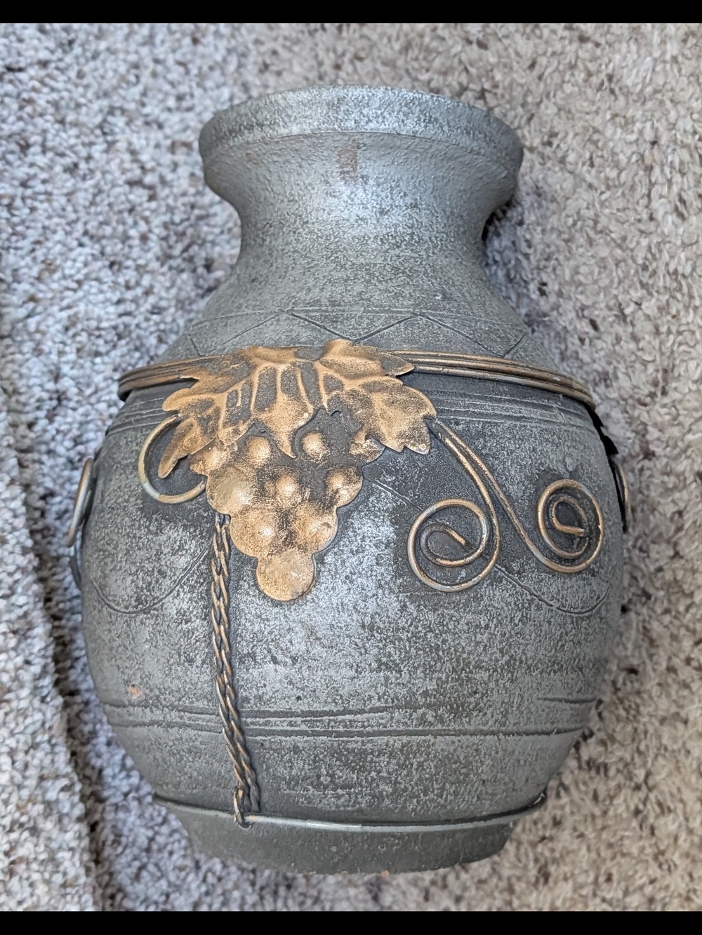 Vintage Tuscany Gray Pottery Vase with Gold Grape Wrapped Accent